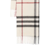 Burberry Check cashmere scarf with off-white check pattern and fringed edges.
