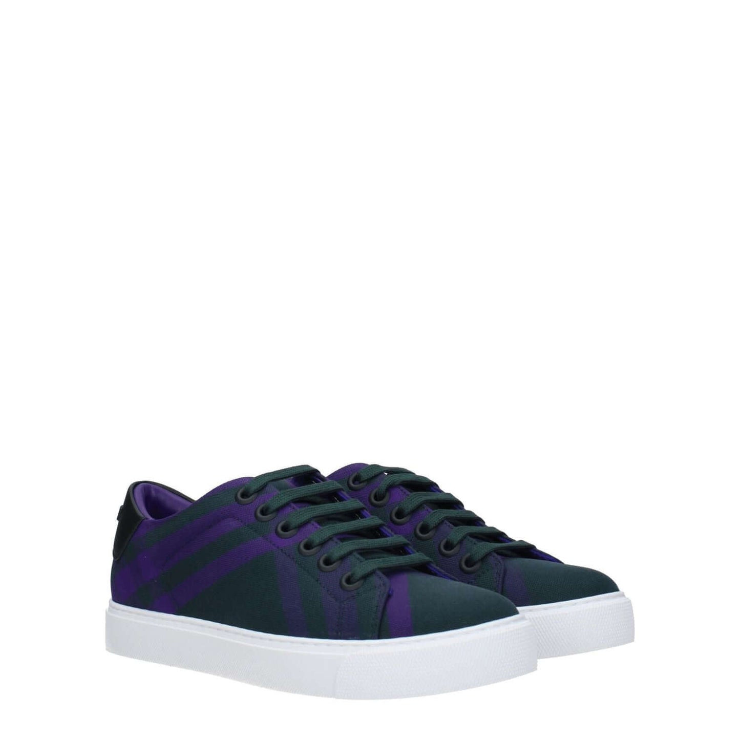 Burberry Green Fabric Sneakers with check pattern, back logo, leather upper, and rubber sole. Casual style, lace-up closure, violet accents.
