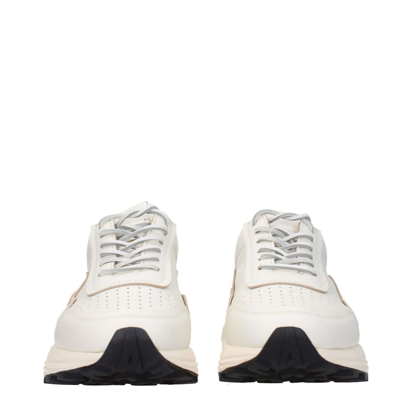 Front view of Buttero White Leather Low Top Sneakers with lace-up closure and rubber soles, showcasing front logos and mid heel design.