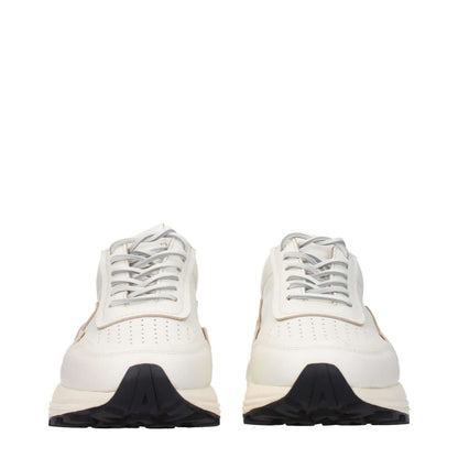 Front view of Buttero White Leather Low Top Sneakers with lace-up closure and rubber soles, showcasing front logos and mid heel design.