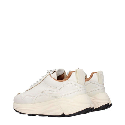 Buttero White Leather Low Top Sneakers with front and back logos, lace-up closure, rubber sole, and mid heels, featuring a casual style.