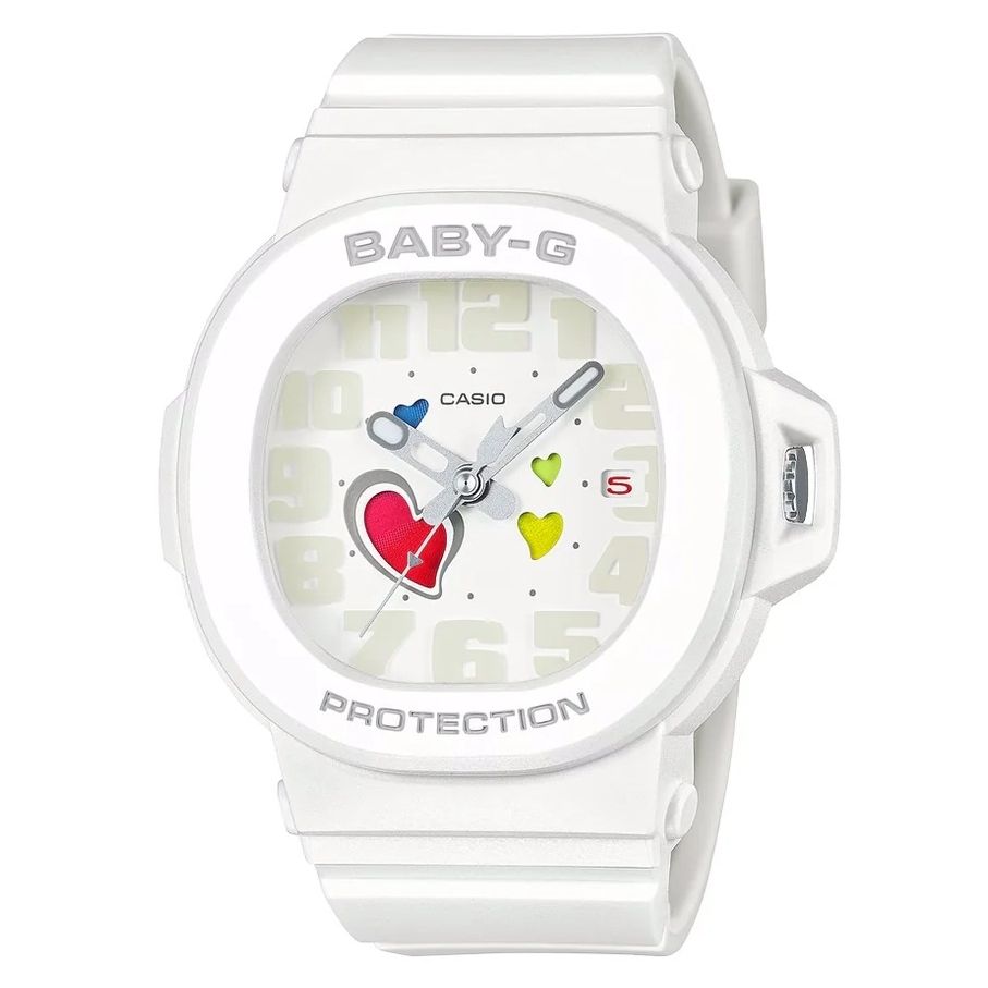 CASIO BABY-G Mod. PLAYFUL HEART SERIES - WHITE watch with resin case and strap, 10 ATM water resistance, quartz movement, and heart design.