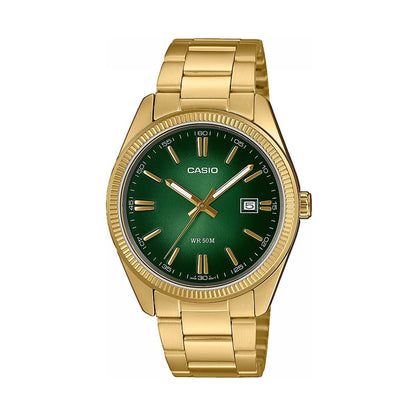 CASIO COLLECTION Mod. DATE, GOLD - GREEN wristwatch with 5 ATM water resistance and SS IP gold casing and strap, quartz movement and date function.