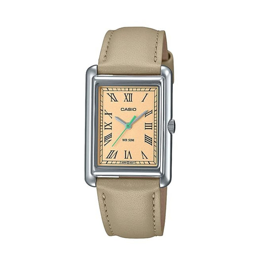 Alt Tag: CASIO COLLECTION Mod. LADY TANK. LEATHER - CREAM wristwatch with stainless steel case and cream leather strap, quartz movement.