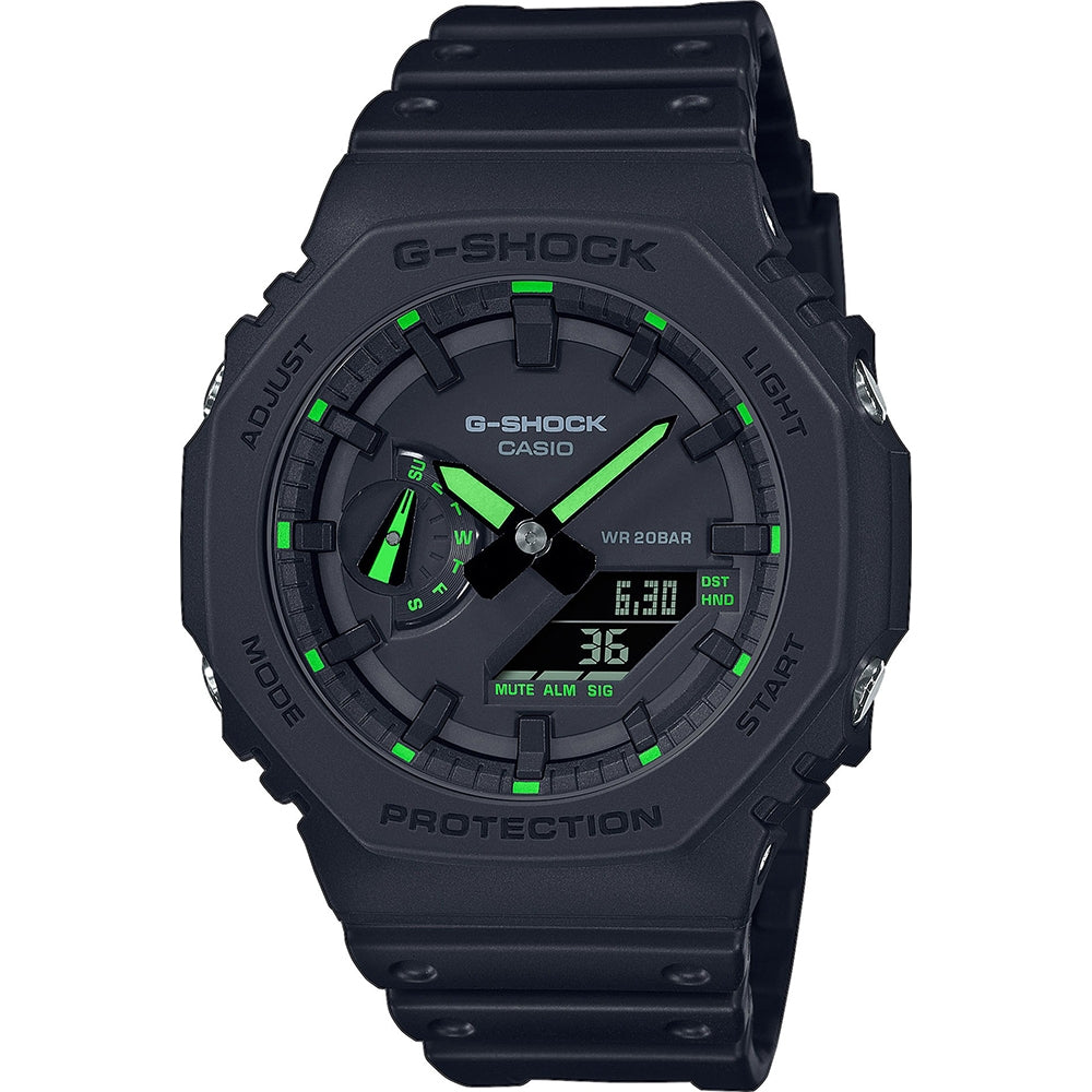 CASIO G-SHOCK Mod. OAK - Neon Green Index wristwatch with 20 ATM water resistance, carbon and resin, quartz movement, multifunction features.