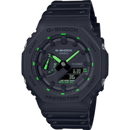 CASIO G-SHOCK Mod. OAK - Neon Green Index wristwatch with 20 ATM water resistance, carbon and resin, quartz movement, multifunction features.