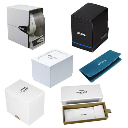 Various packaging boxes for CASIO watches including vintage and modern designs.