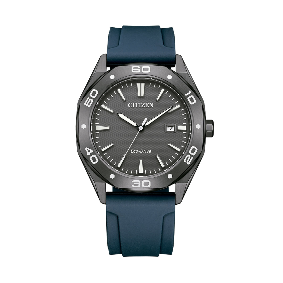 CITIZEN MOD. BM7638-02H watch with blue band and black dial displaying current time.