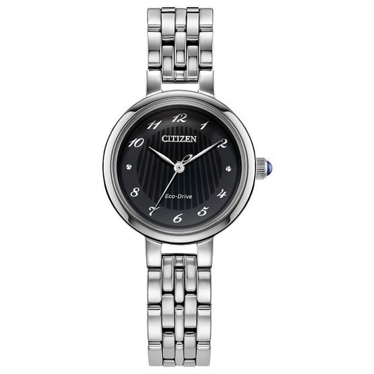CITIZEN MOD. EM0990-81E stainless steel watch with black dial and Eco-Drive technology.