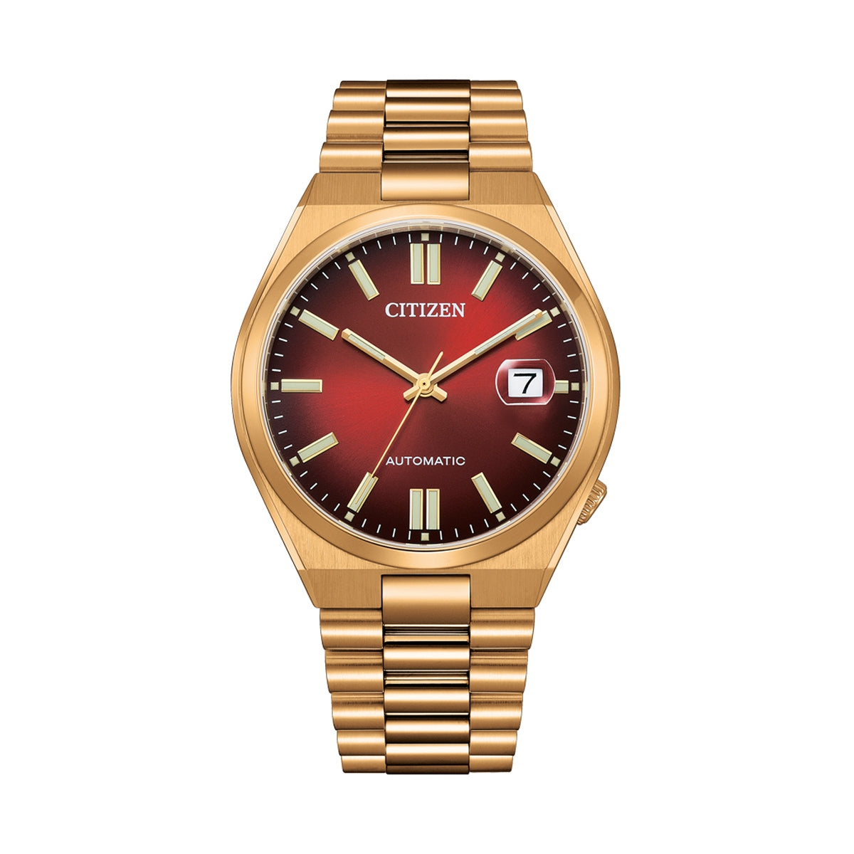 CITIZEN Mod. TSUYOSA Automatic - RED wristwatch with SS IP Gold case and strap, sapphire dial, and date function. Water resistant 5 ATM.