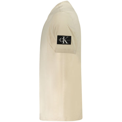 Side view of Calvin Klein Beige Cotton Men T-Shirt with logo on sleeve, sustainable fashion.