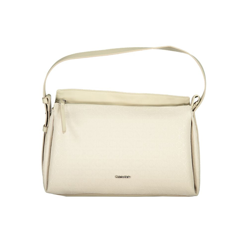 Calvin Klein Beige Polyester Handbag with adjustable handle, internal pocket, contrasting details, and zip closure, made of recycled material.