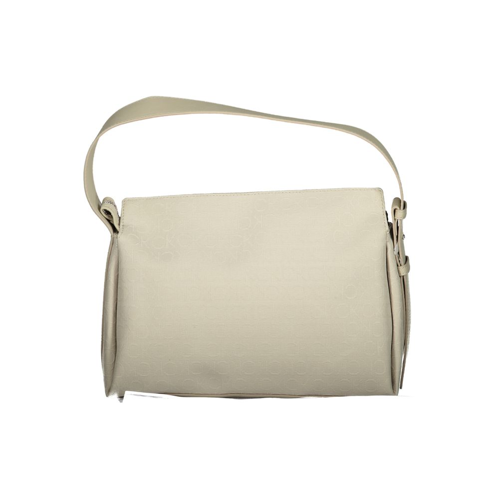 Calvin Klein Beige Polyester Handbag with two handles, adjustable shoulder strap, external pocket, and logo detailing.