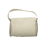 Calvin Klein Beige Polyester Handbag with two handles, adjustable shoulder strap, external pocket, and logo detailing.