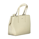 Calvin Klein Beige Polyester Handbag with dual handles, adjustable shoulder strap, and external pocket.