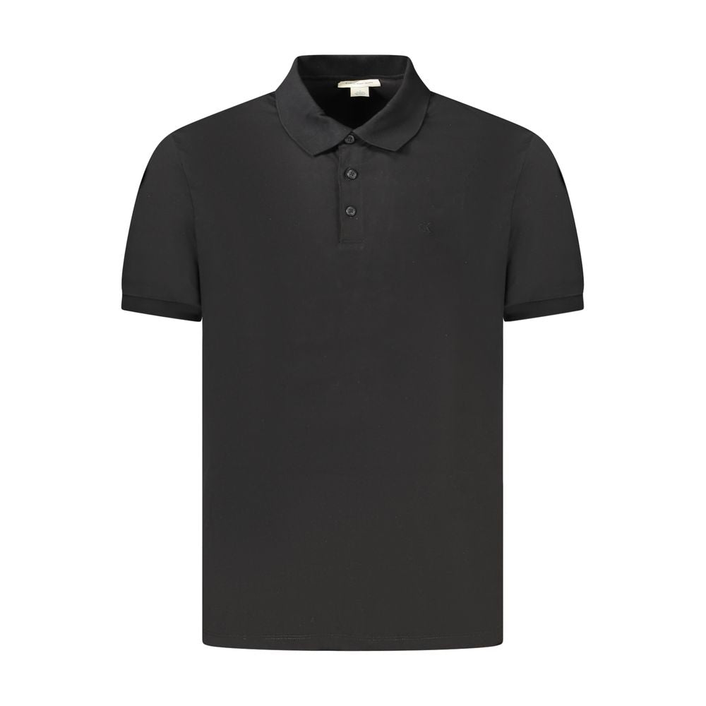 Calvin Klein Black Cotton Men Polo Shirt with short sleeves and three-button placket, featuring embroidered logo, classic fit design.