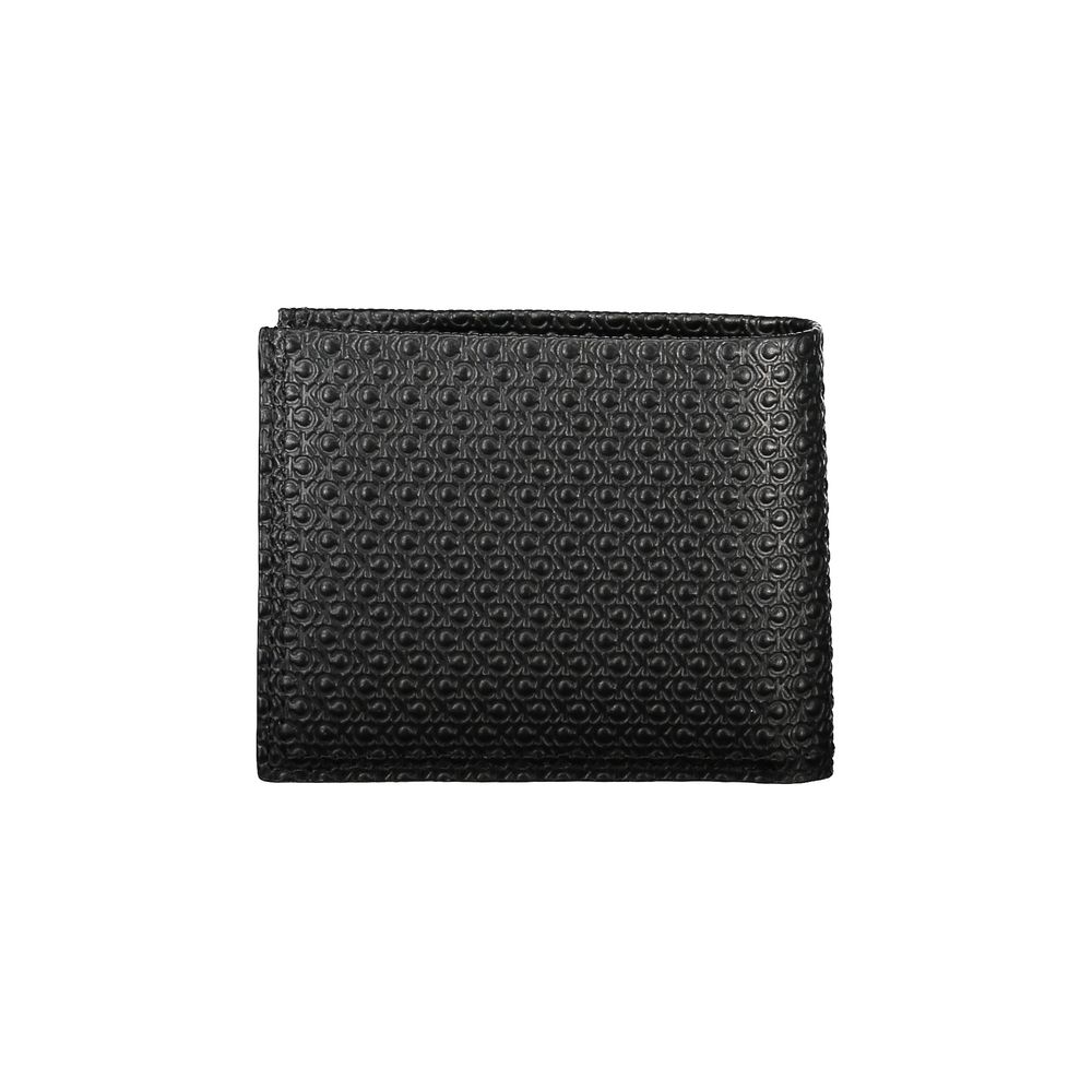 Calvin Klein Black Leather Wallet with RFID block, 2 compartments, card spaces, contrast details, and logo.