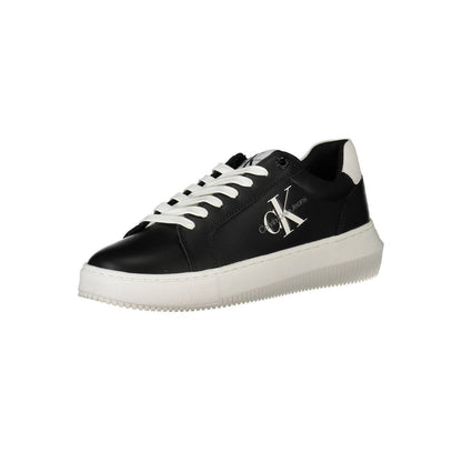 Calvin Klein Black Polyester Women Sneaker with iconic logo print, sustainable 50% recycled material, bold design.