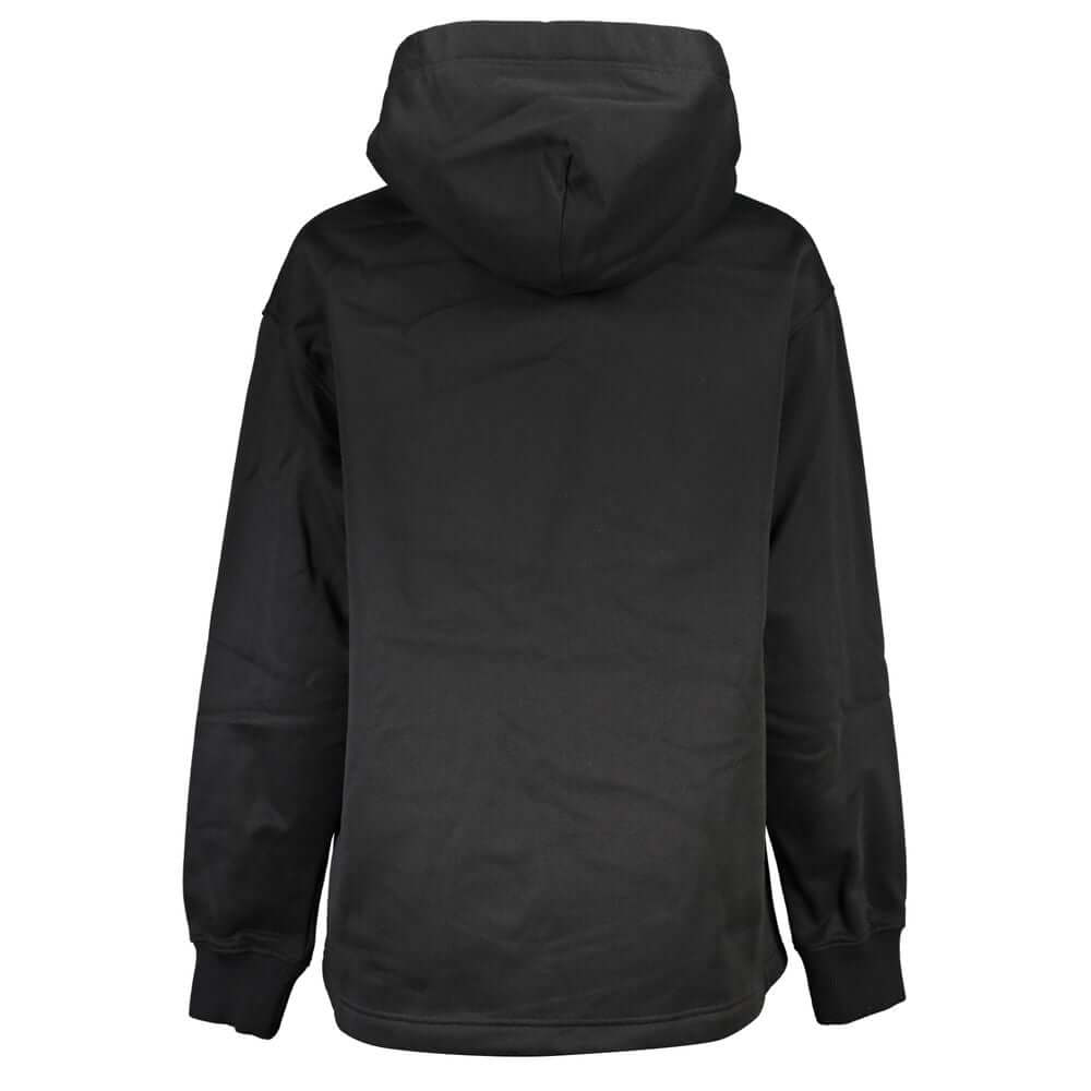 Back view of Calvin Klein Black Polyester Women Sweater with hood, featuring recycled material composition and stylish design.