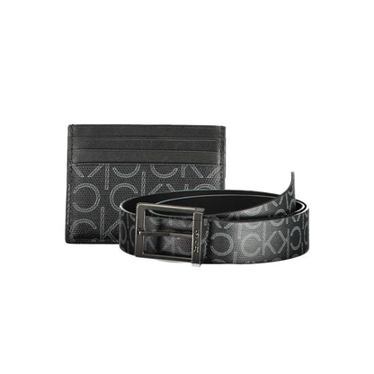 Calvin Klein Black Polyethylene Mens Wallet with card holder and metal buckle belt, 95cm, iconic logos, luxury accessory set.