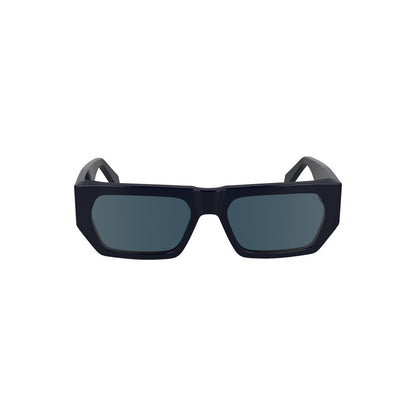 Calvin Klein Blue Acetate Women Sunglasses with rectangular tinted lenses and environmentally conscious bio-acetate frame.