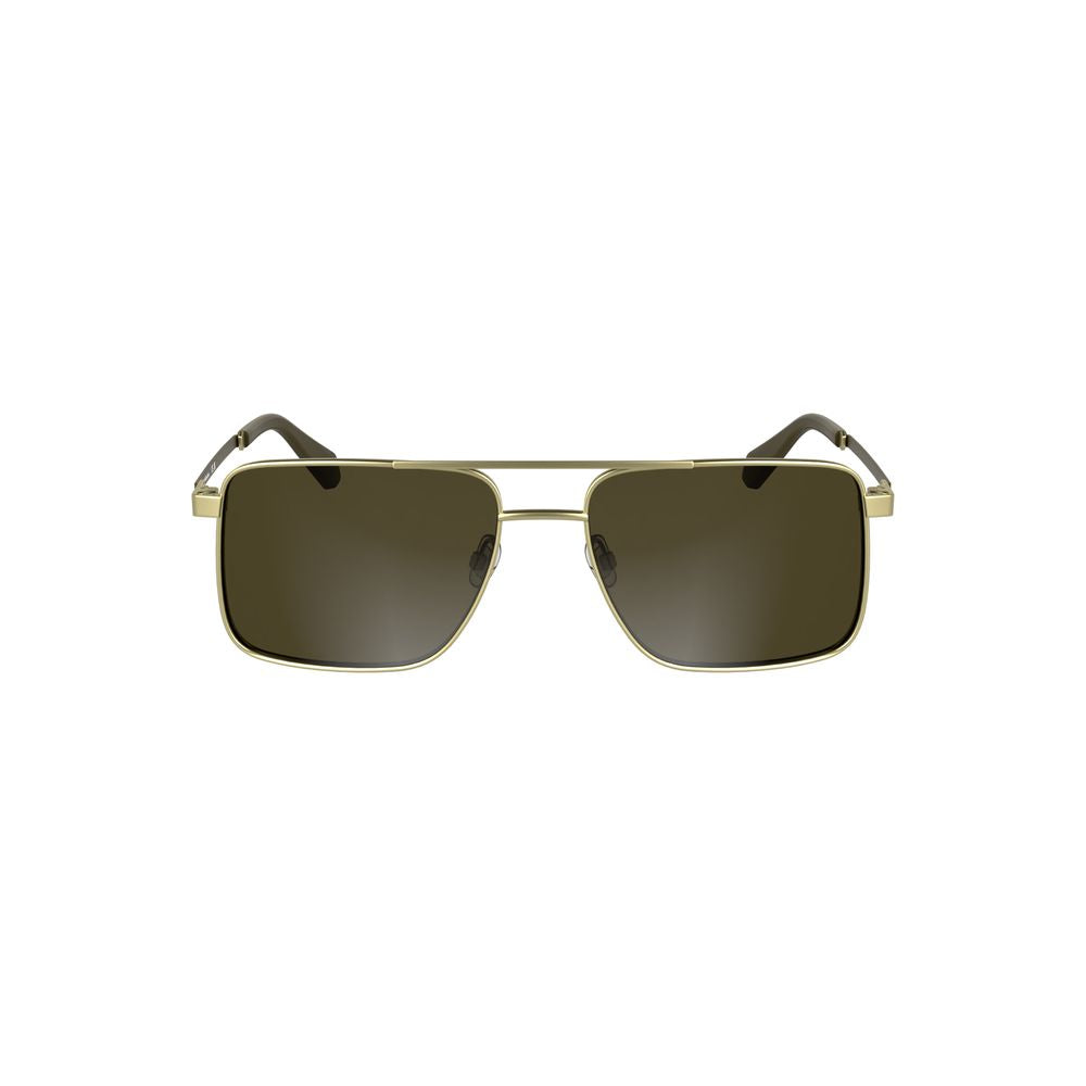 Calvin Klein Gold Metal Men Sunglass with square lenses and luxurious gold frame, featuring rich brown lenses for a bold style statement.