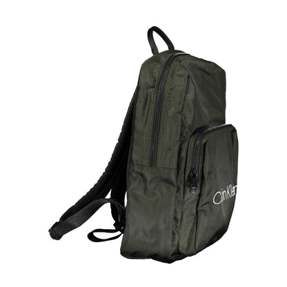 Calvin Klein Green Polyester Men Backpack with logo, side view showing external pocket and black straps for urban style and functionality.