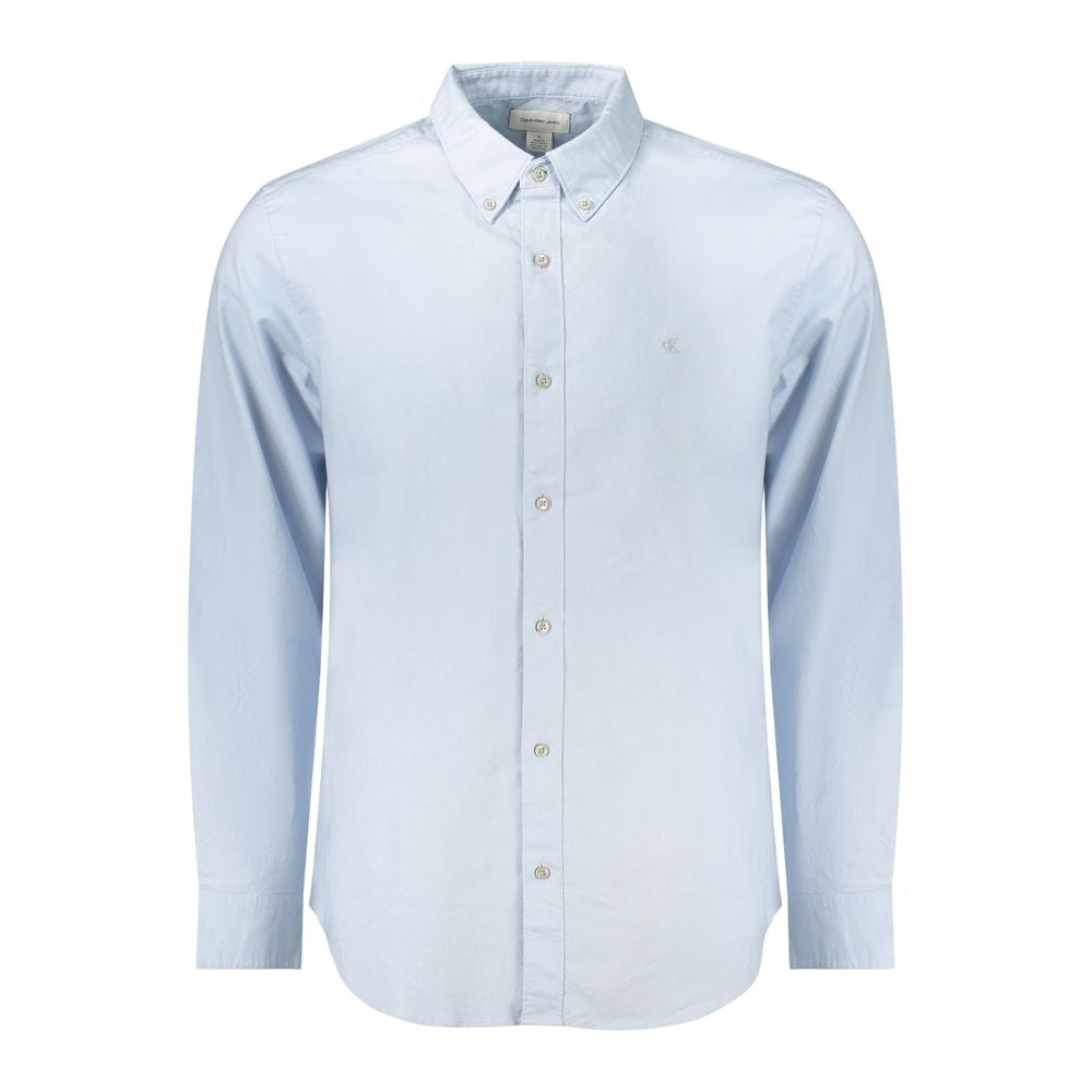 Calvin Klein Light Blue Cotton Men Shirt with button-down collar and CK logo embroidery.