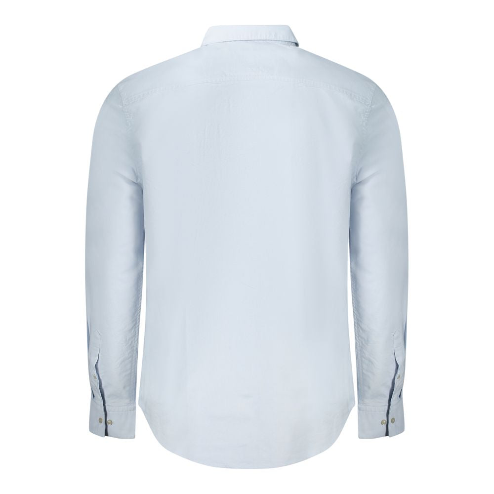 Back view of Calvin Klein Light Blue Cotton Men Shirt featuring button-down design and classic long sleeves.