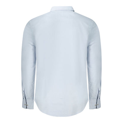 Back view of Calvin Klein Light Blue Cotton Men Shirt featuring button-down design and classic long sleeves.
