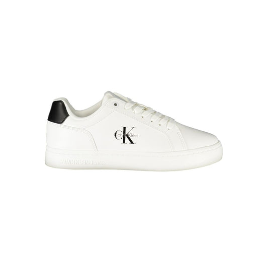 Calvin Klein White Leather Women Sneaker with black accents and logo, featuring a removable footbed for comfort and luxury.