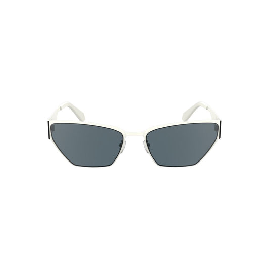 Calvin Klein White Metal Women Sunglass with sleek cat-eye design and smoke lenses on white background.