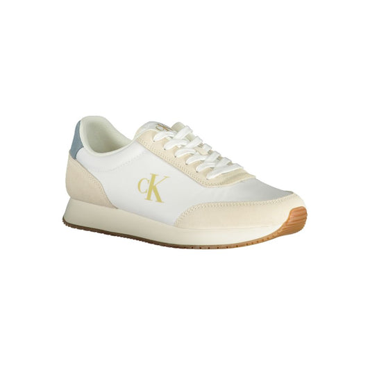 Calvin Klein White Polyester Men Sneaker with black accents and logo embroidery, featuring a recycled polyester design and removable footbed.