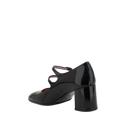 Carel Paris Black Calf Leather Bos Taurus Mid Heel Pumps with beveled heel and dual straps, perfect for stability and style.