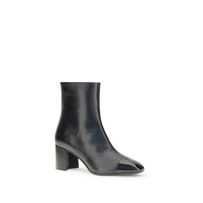 Carel Paris Black Leather Ankle Boots with patent toe and flared heel, side zip closure for elegant and practical fit. AW25 season.