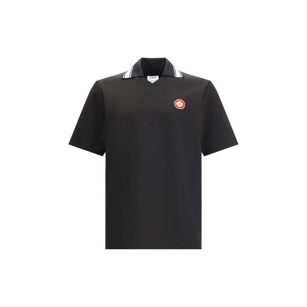 Casablanca Black Viscose Polo Shirt with logo patch, short sleeves, and interlock fabric, suitable for warm weather and elegant style.