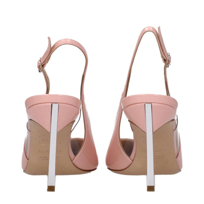 Rear view of Casadei Pink Leather High Heel Pumps with pointy toe, buckle closure, and 8.5 cm mid heels in pink patent leather.