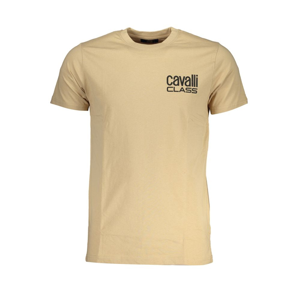 Cavalli Class Beige Cotton T-Shirt with short sleeves and crew neck featuring logo print.