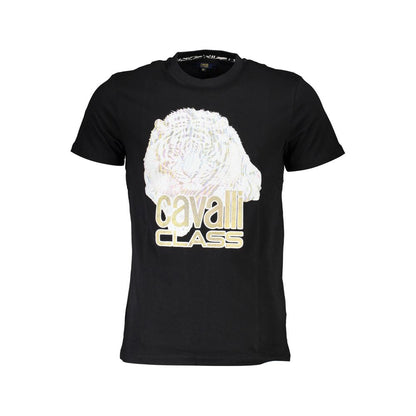 Cavalli Class Black Cotton Men T-Shirt featuring bold print and iconic logo on a classic crew neck design, ideal for trend-setters.