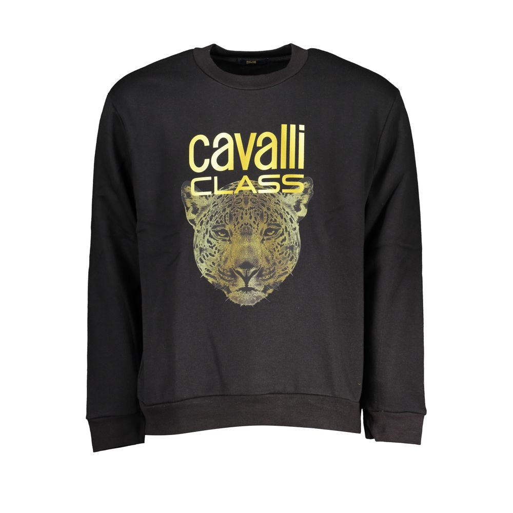 Cavalli Class Black Cotton Women Sweater with leopard print and logo, long sleeves, crew neck, Italian design, casual chic style.