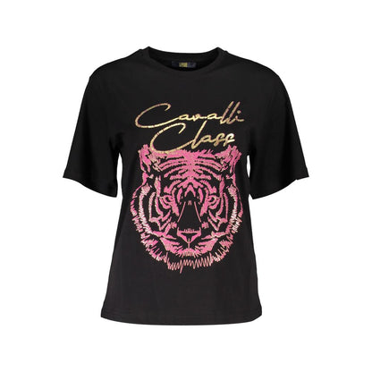 Cavalli Class Black Cotton Women Top with bold printed tiger face and logo showcasing casual luxury in fashion-forward style.