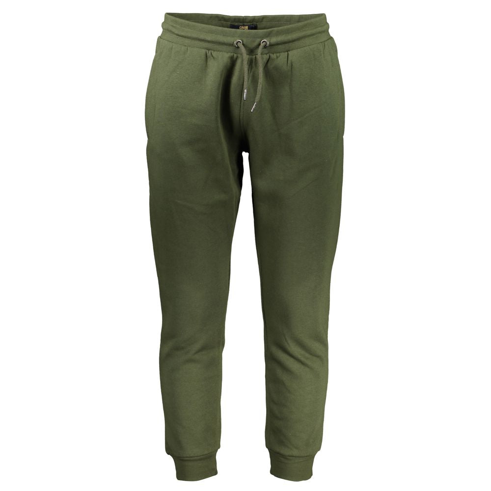 Alt Tag: Cavalli Class Green Cotton Pant with elastic waist, laces, 3 pockets, ankle cuff, embroidery, and logo.