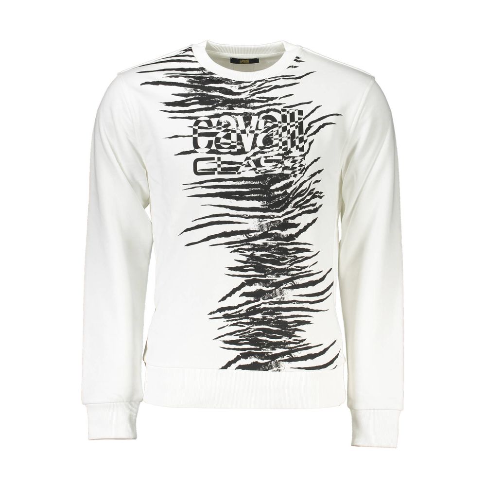 Cavalli Class White Cotton Men Sweater with striking print and logo, luxury fashion, premium cotton blend, crew neck design.