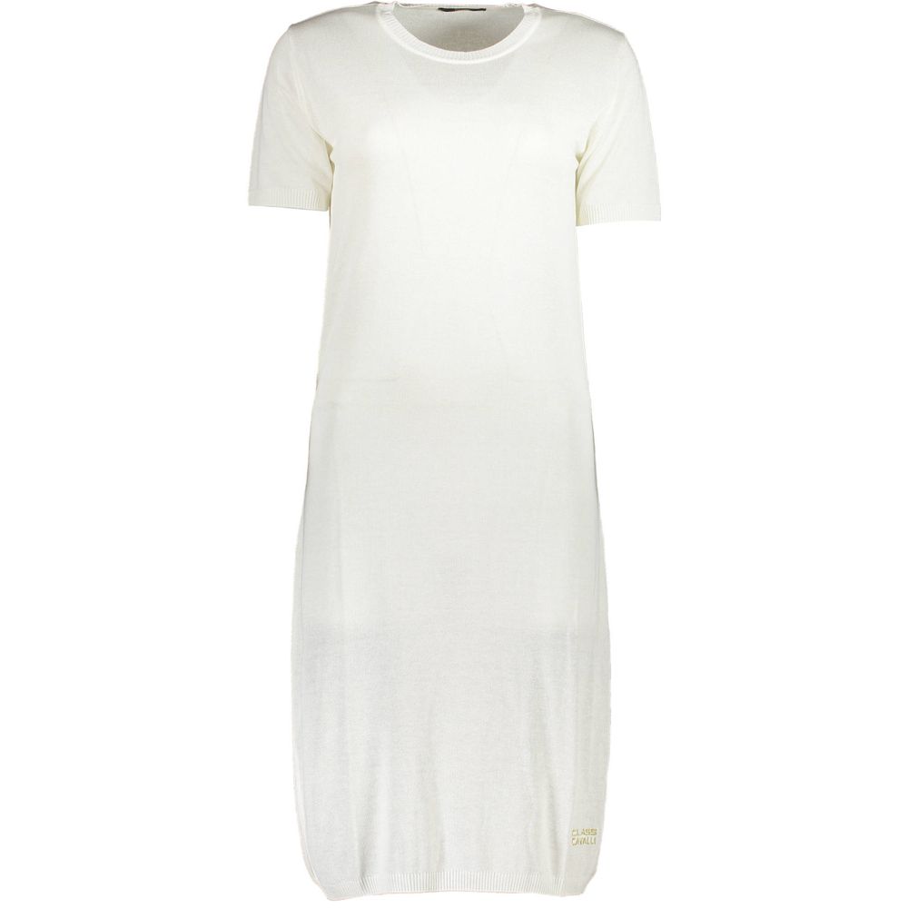 Cavalli Class White Viscose Women Dress with short sleeves and round neck, featuring intricate embroidery and luxurious design.