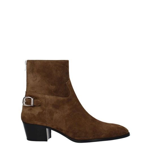 Celine Brown Leather Ankle Boots in suede with mid heels, vintage effect, and zip closure. Casual style with silver buckle detail.