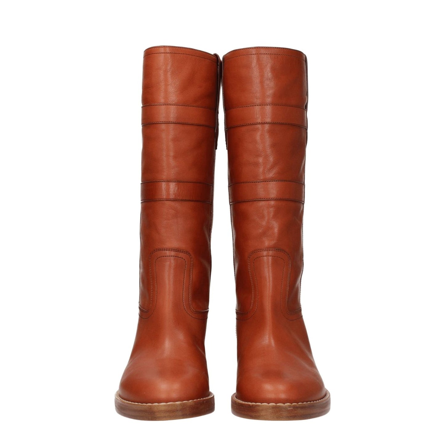 Celine Brown Leather Boots with vintage effect, side logo, round toe, 5 cm mid heels in cognac color, casual style front view.