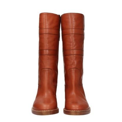 Celine Brown Leather Boots with vintage effect, side logo, round toe, 5 cm mid heels in cognac color, casual style front view.
