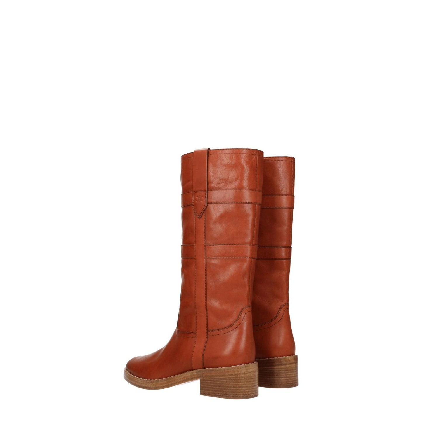 Celine Brown Leather Boots with vintage effect, mid heel, round toe, casual style, and side logo in leather, cognac secondary color.
