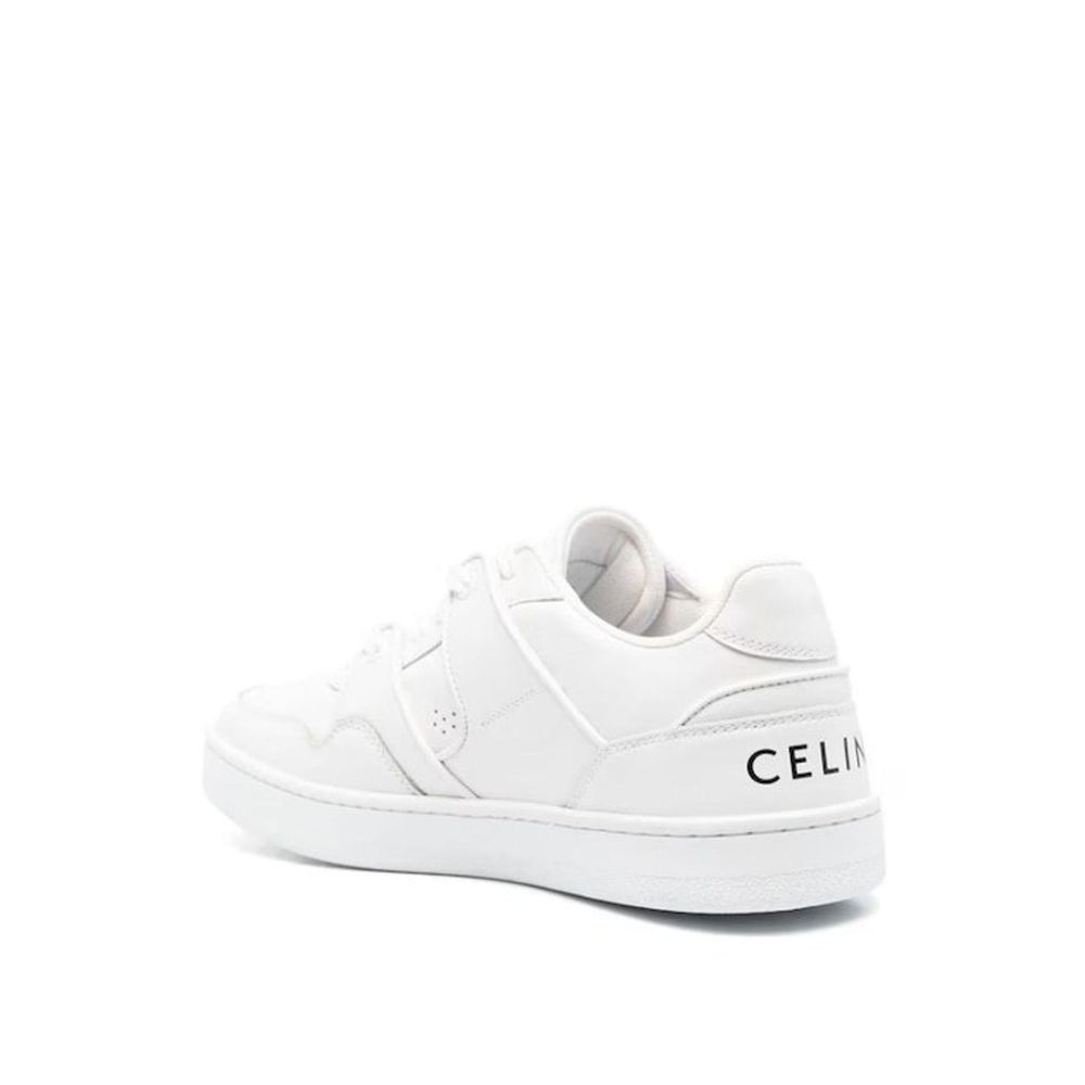 Celine White Calfskin Low Top Sneakers with side logo relief and rubber sole, featuring branded insole and front lace-up closure for men.