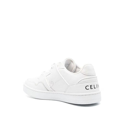 Celine White Calfskin Low Top Sneakers with side logo relief and rubber sole, featuring branded insole and front lace-up closure for men.